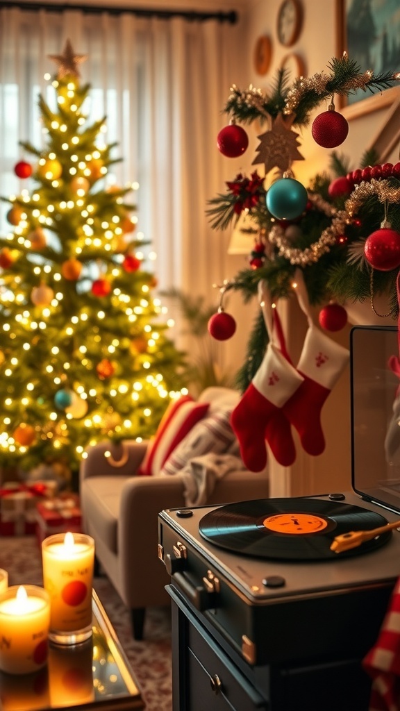 A cozy living room decorated for Christmas with a tree, stockings, and a record player playing festive music.